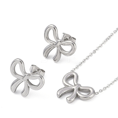 Non-Tarnish 304 Stainless Steel Bowknot Necklaces & Studs Earrings Set for Women NJEW-K276-03P-1