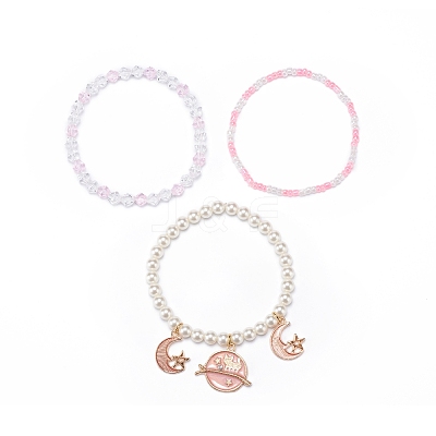3Pcs 3 Style Shell Pearl & Glass Seed Beaded Stretch Bracelets Set BJEW-JB08705-02-1