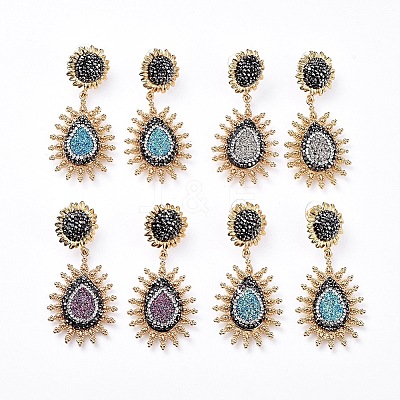 Natural Druzy Agate Dangle Stud Earrings EJEW-F232-37G-1