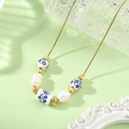 Natural Pearl Rice & Handmade Chinoiserie Floral Printed Porcelain Beaded Necklaces with Brass Round Snake Chains for Women NJEW-JN06400-1
