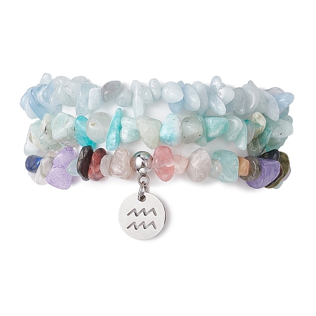 3Pcs 3 Styles Natural Aquamarine & Flower Amazonite Chips Stretch Bracelets Sets BJEW-JB11076-01-1