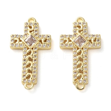 Rack Plating Brass Cubic Zirconia Religion Cross Connector Charm KK-C084-11B-G-1