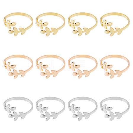 HOBBIESAY 12Pcs 3 Colors Alloy Leafy Branch Open Cuff Finger Rings Set for Women RJEW-HY0001-02-1