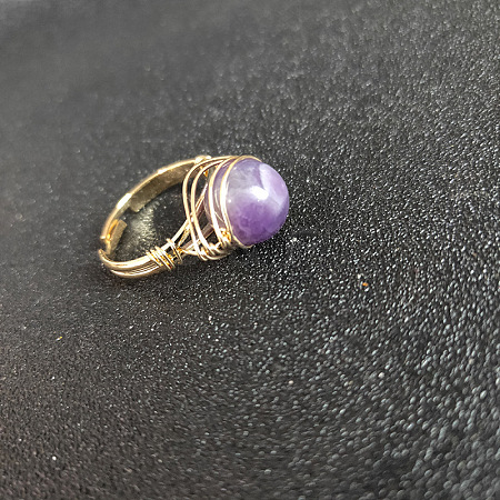 Wire Wrapped Natural Amethyst Round Beads Finger Rings WGDCCED-04-1