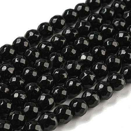Faceted Round Natural Black Onyx Beads Strands G-S132-01-1