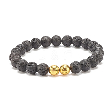 Natural Lava Rock Round Beaded Stretch Bracelet with Alloy BJEW-JB08009-1