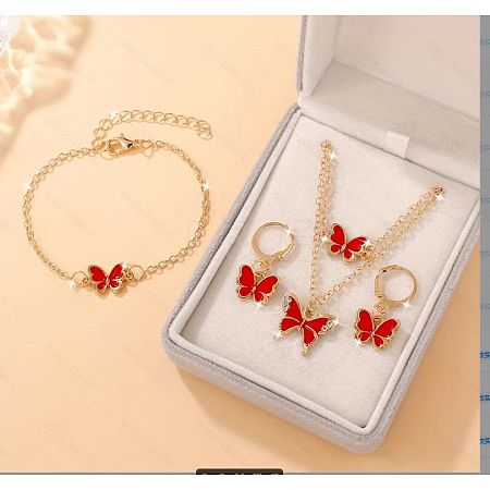 Butterfly Alloy Rhinestone & Enamel Pendant Necklace & Bracelets & Earring & Rings Sets for Children FS-WGE37FF-03-1