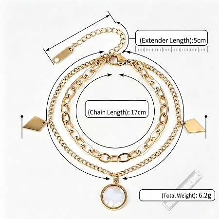 304 Stainless Steel Crystal & Acrylic Flat Round Rhombus Charm 2-strand Bracelets for Women WGEBB33-03-1