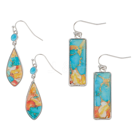 FIBLOOM 2 Pairs 2 style Teardrop & Rectangle Lampwork Dangle Earrings EJEW-FI0001-17-1