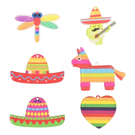 12Pcs 6 Styles Rainbow Color Printed Acrylic Pendants Sets OACR-FS0002-10-1