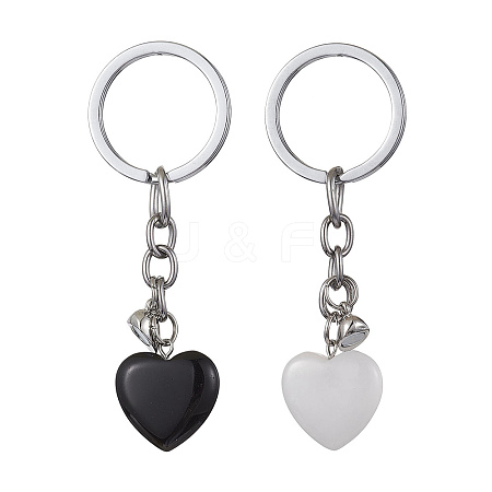 Natural Black Stone & Natural White Jade Heart Keychains KEYC-JKC00548-1