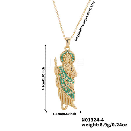 Shiny Brass Teal Cubic Zirconia Religion Saint Jude Pendant Necklaces for Christmas and Birthday Parties PX0651-4-1