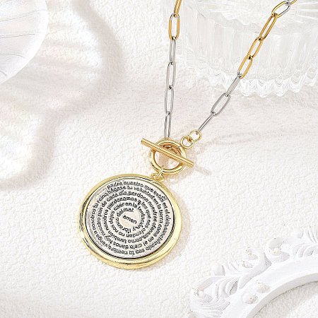 Two Tone 304 Stainless Steel Paperclip Chain Religion Bible Coin Pendant Necklaces NJEW-JN06571-1