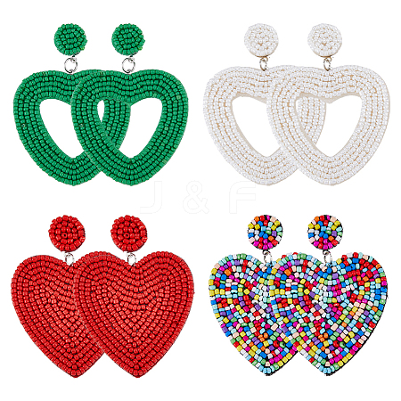 FIBLOOM 4 Pairs 4 Style Heart Glass Seed Beaded Dangle Stud Earrings EJEW-FI0002-29-1