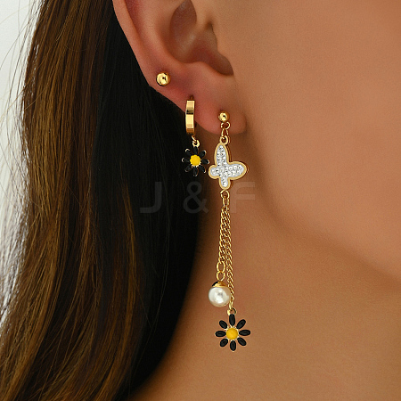 3 Pair Sweet Butterfly Daisy Tassel Stainless Steel Earring Sets TZ3748-1