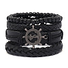 4Pcs 4 Styles Wood Beads Stretch Braceletas & Alloy Artificial Leather Cord Bracelet Sets for Men FS-WG9743B-08-1