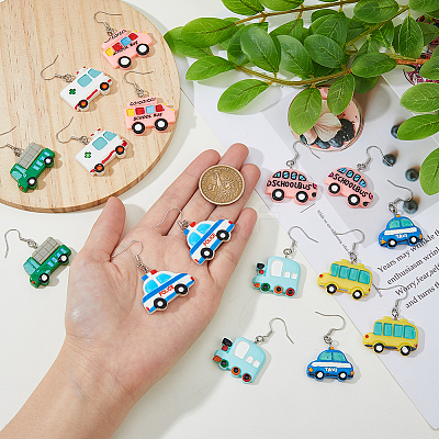 8 Pair 8 Style Resin Car Dangle Earrings with Iron Pins EJEW-AB00044-1
