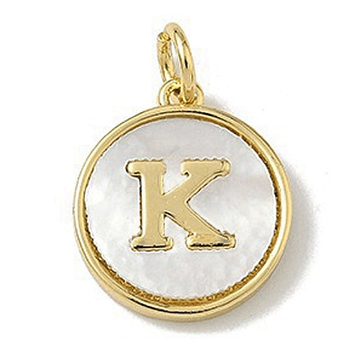 Brass Pave Natural Shell Flat Round with Letter Charms KK-Z115-13G-K-1