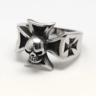 Trendy Retro 304 Stainless Steel Maltese Cross with Skull Rings for Men RJEW-F006-546-1