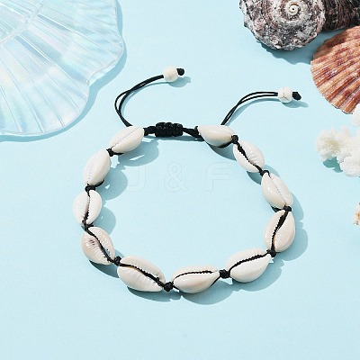 Natural Shell Braided Bead Anklet with Synthetic Turquoise Beads AJEW-AN00561-02-1