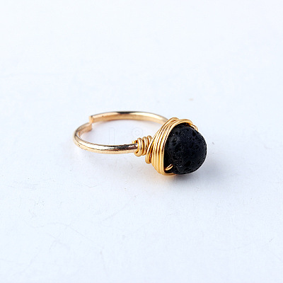 Iron Wire Wrapped Natural Lava Rock Round Beaded Cuff Rings WGDBE9A-08-1