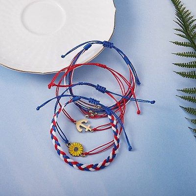 4Pcs 4 Style Flower & Anchor Braided Bead Bracelets Set BJEW-SW00040-1