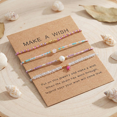 4Pcs 4 Styles Natural Gemstone Round Beaded Bracelets & Glass Seed Beads Adjustable Bracelets & Glass Round Beaded Charm Bracelets Set for Women EV4256-2-1