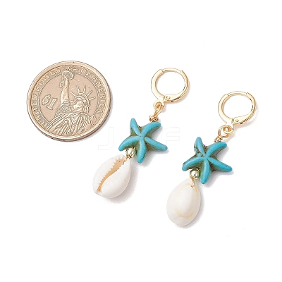Starfish Synthetic Turquoise Hoop Earrings EJEW-JE06440-1