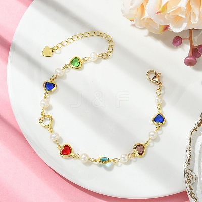 Brass Glass Colorful Heart Link Chain Bracelets with Natural Pearl Beads for Women BJEW-JB14163-1