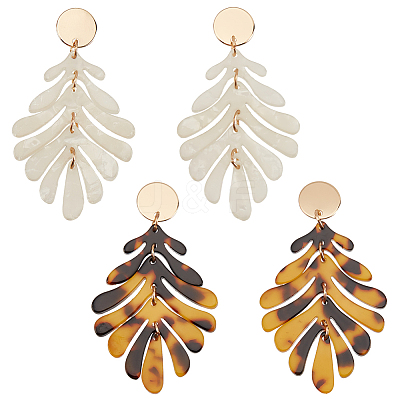 2 Pairs 2 Colors Acrylic Tropical Leaf Dangle Stud Earrings EJEW-AN0001-19-1