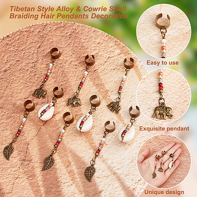 Tibetan Style Alloy & Cowrie Shell Braiding Hair Pendants Decoration OHAR-AB00016-1