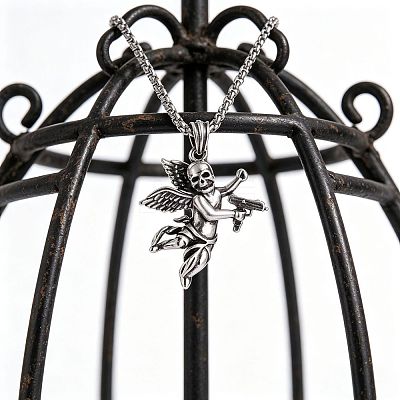 Halloween Alloy Skull Angel Pendant Necklaces WGD7B56-01-1