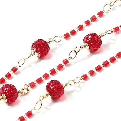 Brass Hexagonal Column Glass Seaded Beaded & Resin Round Beaded Link Chains CHC-G026-01D-1