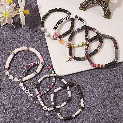 8Pcs 8 Style Polymer Clay Heishi & Natural Pearl & Natural Sea Shell Beads Stretch Bracelets Set for Girl Women BJEW-SZ0001-82-1