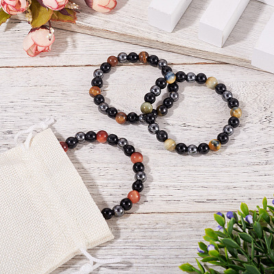 3Pcs 3 Styles 8MM Round Natural Tiger Eye & Black Onyx & Black Obsidian & Synthetic Non-Magnetic Hematite Beads Stretch Bracelets for Women Men BJEW-TA0001-20-1