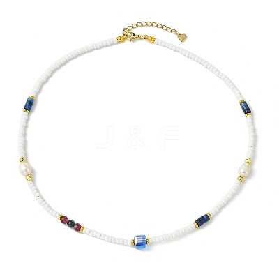 Natural Lapis Lazuli Heishi Beads & Rice Natural Pearl & Glass Seed Beaded Necklaces NJEW-JN06249-02-1