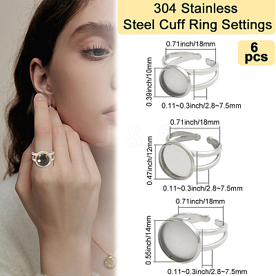 6Pcs 3 Styles 304 Stainless Steel Cuff Ring Settings STAS-BBC0008-14P-1