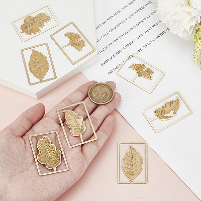 16Pcs 4 Styles Brass Rectangle with Leaf Bookmarks AJEW-DR0001-70-1