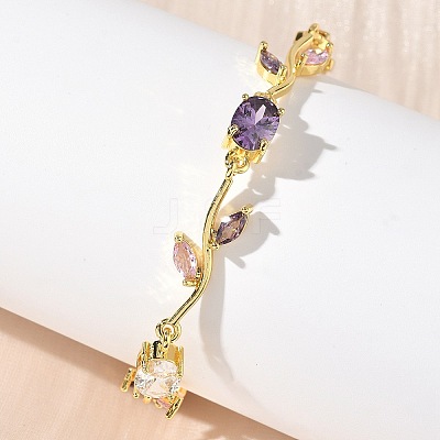 Brass Micro Pave Cubic Zirconia Oval & Leaf Link Chain Bracelets for Women BJEW-G764-05G-01-1