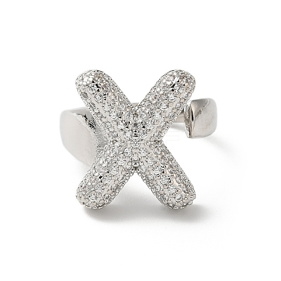 Letter Brass Micro Pave Clear Cubic Zirconia Open Cuff Ring for Women RJEW-N046-03X-P-1