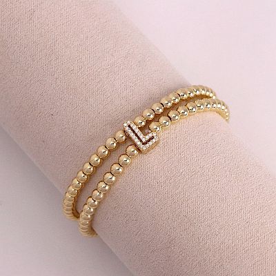 Brass Micro Pave Clear Cubic Zirconia Beads Double Strands Stretch Bracelets for Women FS-WGC7159-12-1