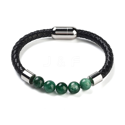 Natural Fuchsite Round Bead Braided Leather Cord Bracelets for Men Women BJEW-A009-11P-01-1