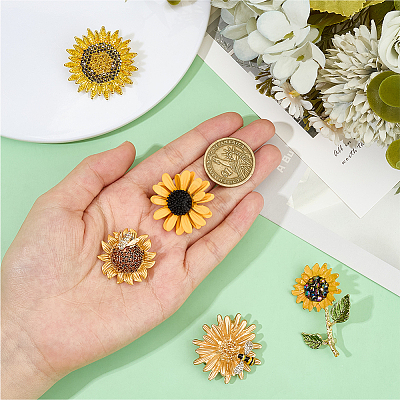 5Pcs 5 Styles Sunflower Alloy Rhinestone Lapel Pins for Backpack Clothes JEWB-OC0001-05-1