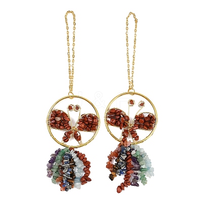 Butterfly Brass & Natural Red Jasper Pendant Decorations HJEW-Z007-04G-01-1