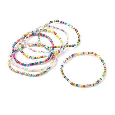 7Pcs 7 Styles Round Glass Seed Beaded Stretch Bracelets Sets BJEW-JB06327-1