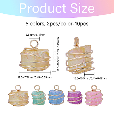 10Pcs 5 Colors Electroplated Natural Quartz Copper Wire Wrapped Pendants PALLOY-CA00020-1