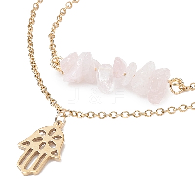 Natural Rose Quartz Chips Beaded & Hamsa Hand Charms Double Layer Multi-strand Bracelet AJEW-AN00511-03-1