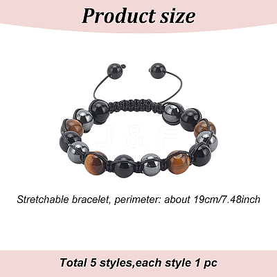 5Pcs 5 Styles Natural & Synthetic Mixed Gemstone Round & Evil Eye Braided Bead Bracelets Set BJEW-AN0001-54-1