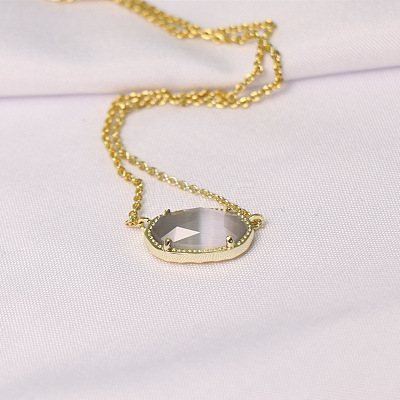 Brass Pave Gray Cat Eye Faceted Oval Pendant Necklaces for Women WG13C77-01-1