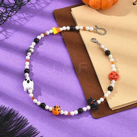 Halloween Handmade Lampwork Bat Ghost Pumpkin and Round Shell Pearl Beaded Necklaces for Women NJEW-TA00277-1